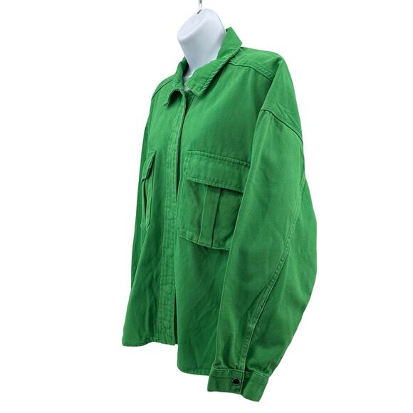 If It Were Me Denim Shacket WMNS L Apple Green Cotton Utility Pockets Button Up - Picture 5 of 8